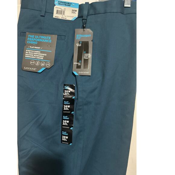 Savane Men's The Ultimate Performance Chino Flat Front Blue Real Teal Size 38/32 - Picture 5 of 8